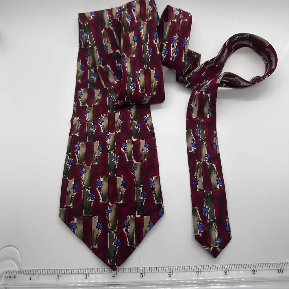 J. Garcia Necktie Floral Burgundy Blue Abstract Silk Tie‎